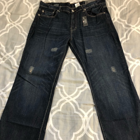 Indigo dark blue Men’s Jeans warn washed hand sand ripped mid rise bootleg Denim - Picture 3 of 11